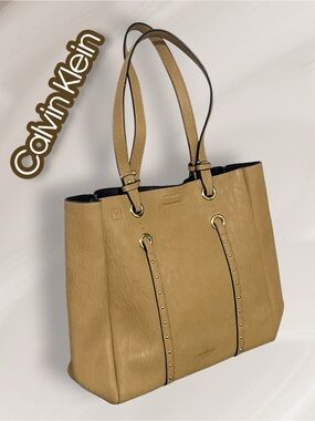 Calvin Klein Beige Studded Faux-Leather Tote Bag Gold Hardware